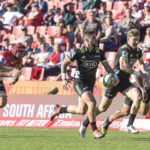 The Hurricanes' TJ Perenara (c) scrum-half and The Hurricanes' Jordie Barrett fullback during the 2019 Super Rugby match between The Emirates Lions and The Hurricanes at Emirates Airline Park