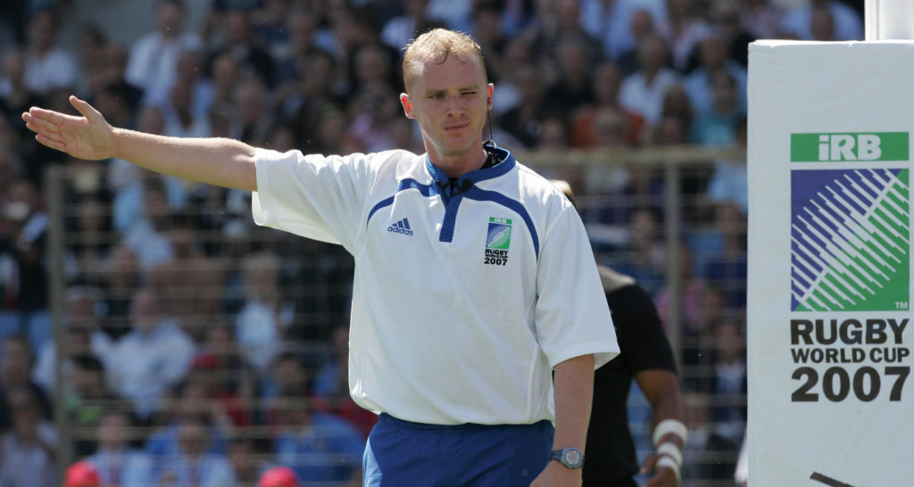 British referee Wayne Barnes gestures during the rugby union World Cup 2007