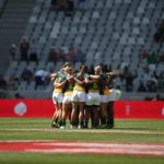The Springbok Women's sevens team in a huddle