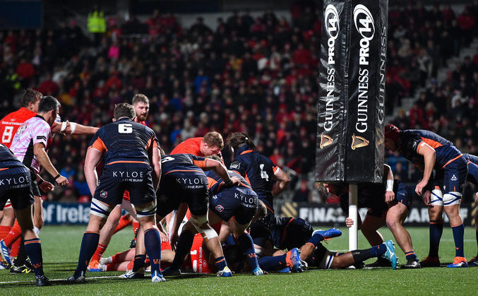 Pierre Schoeman of Edinburgh lifts up the post pads during the match against Munster during the Guinness PRO14 Round 7 match between Munster and Edinburgh