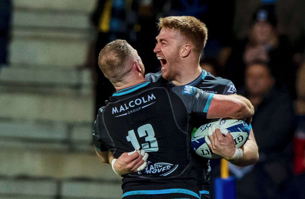 Kyle Steyn celebrates his try for the Glasgow Warriors