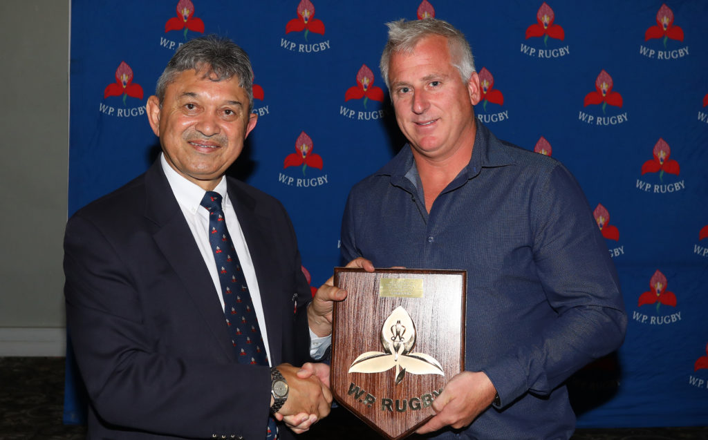 Robbie Fleck receives the Honorary award during the WP Rugby Football Union Awards 2019 at Kelvin Grove