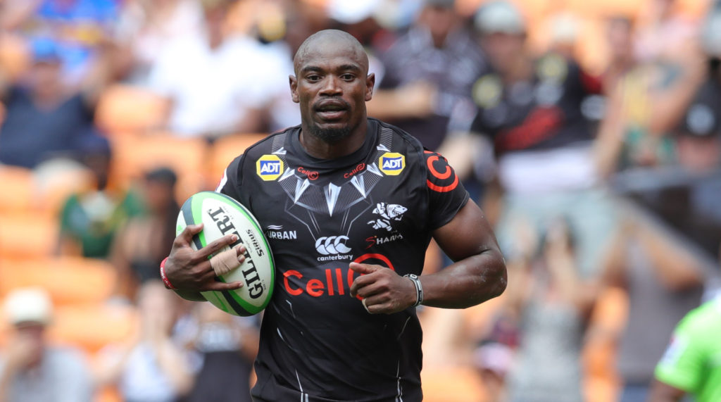 Makazole Mapimpi of the Sharks during the 2020 SuperHero Sunday match between Stormers and Sharks at FNB Stadium
