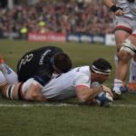 Ulster No 8 Marcell Coetzee barges over to score