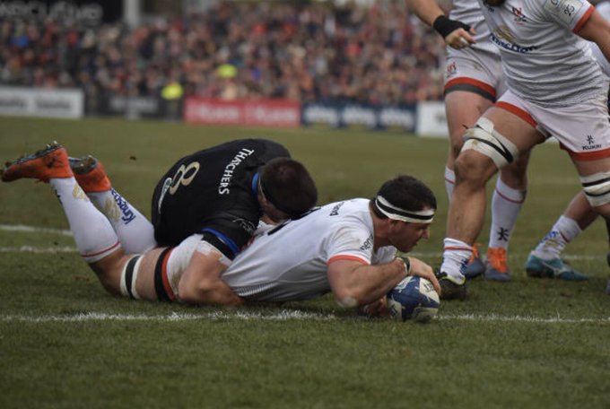 Ulster No 8 Marcell Coetzee barges over to score