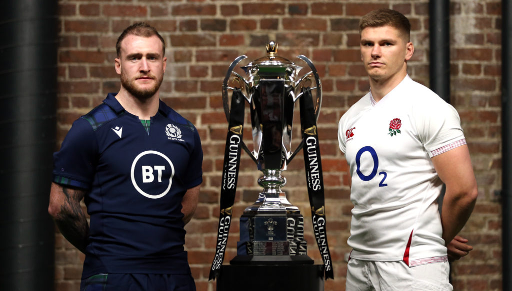 Scotland's Stuart Hogg (left) and England's Owen Farrell pose for a photo with the Six Nations Trophy