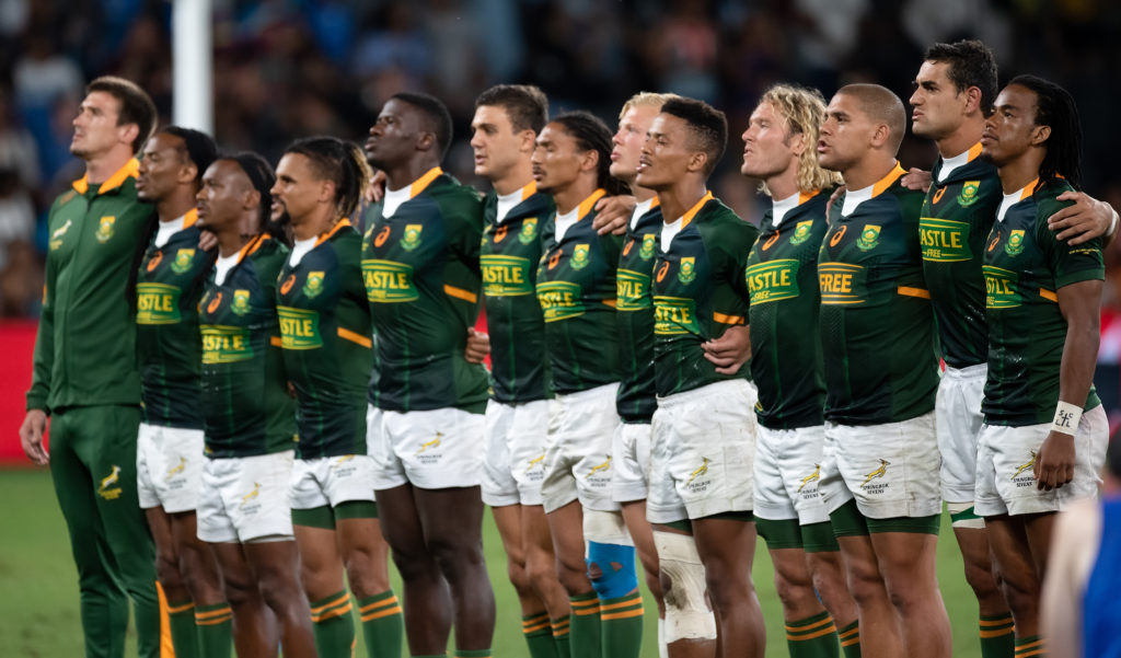 South Africa sing the national anthem during the Cup Final, Match 34 between South Africa and Fiji at the HSBC Sydney Sevens