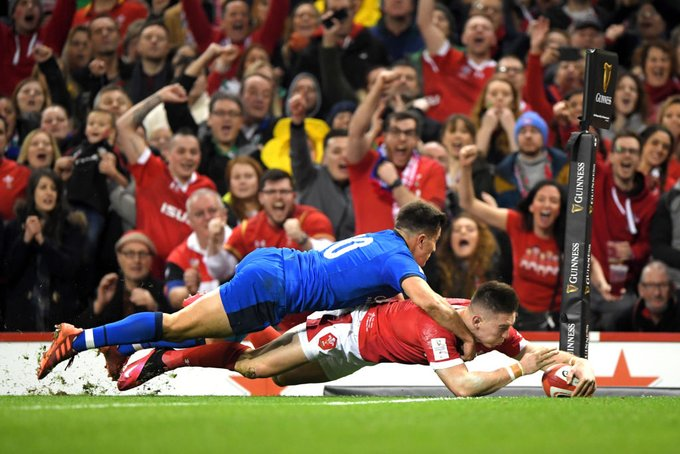 Wales wing Josh Adams scores/Getty Images