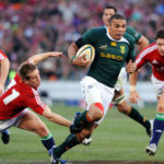 Luke Fitzgerald (L) of the Lions attempts to tackle Bryan Habana of South Africa during the Second Test match between South Africa and the British and Irish Lions at Loftus Versfeld on June 27, 2009