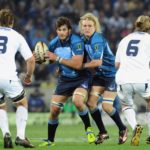 Duane Vermeulen and Schalk Burger about to tackle Danie Rossouw and Dewald Potgieter during the Super 14 final match between Vodacom Bulls and Vodacom Stormers from Orlando Stadium