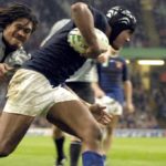 France's flanker Thierry Dusautoir scores a try during the IRB Rugby World Cup 2007, quarter final match France vs New Zealand at the Millennium Stadium in Cardiff, UK.