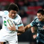 AUCKLAND, NEW ZEALAND - JUNE 27: Caleb Clarke of the Blues is tackled by Scott Gregory of the Highlanders during the round 3 Super Rugby Aotearoa match between the Blues and the Highlanders at Eden Park on June 27, 2020 in Auckland, New Zealand. (Photo by Phil Walter/Getty Images)