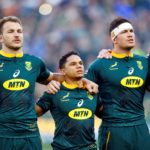 epa07729869 Herschel Jantjies (C) of South Africa and his teammates sing their national anthem prior to the Rugby Championship test match between South Africa and Australia at Ellis Park Stadium in Johannesburg, South Africa, 20 July 2019. EPA/KIM LUDBROOK