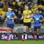 Hurricanes Jordie Barrett runs back from for the kickoff after slotting the conversion