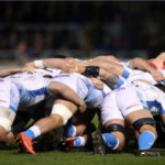 The Sale Sharks scrum against Saracens