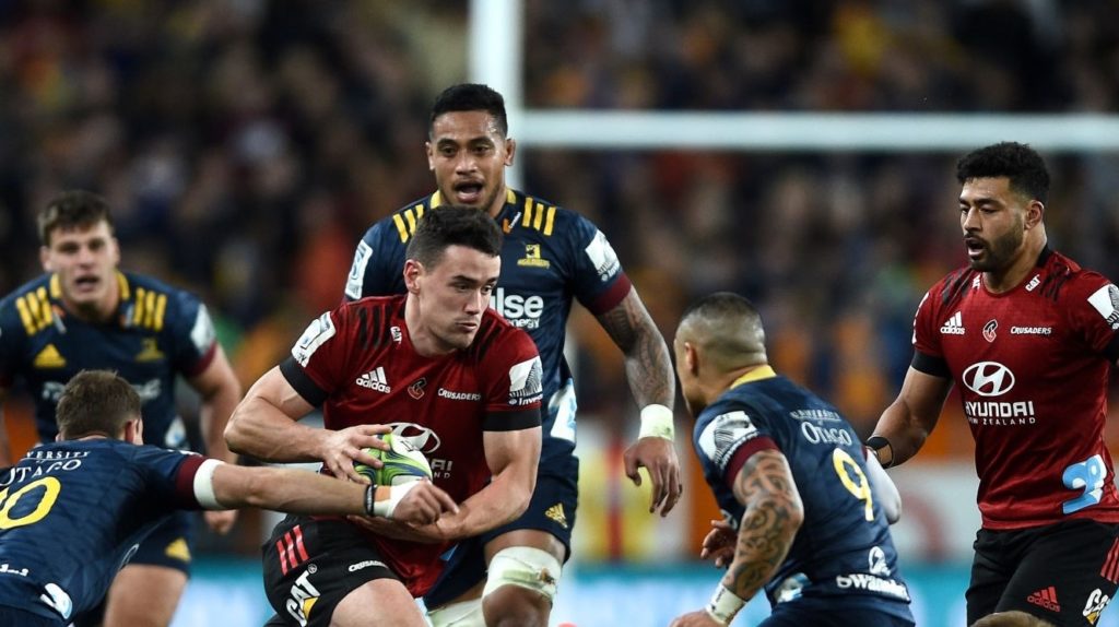 DUNEDIN, NEW ZEALAND - JULY 04: Will Jordan of the Crusaders charges forward during the round 4 Super Rugby Aotearoa match between the Highlanders and the Crusaders at Forsyth Barr Stadium on July 04, 2020 in Dunedin, New Zealand. (Photo by Joe Allison/Getty Images)