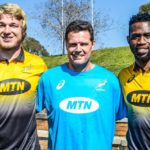 Rassie Erasmus with Springboks Pieter-Steph du Toit and Siya Kolis