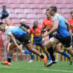 Angelo Davids of the Penguins gives chase during the Stormers friendly game between the Devils Peak Dassies (red) and the Boulders Beach Penguins (blue) at Newlands Rugby Stadium in Cape Town on 18 September 2020 © Ryan Willkisky/BackpagePix