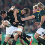 Springbok lock Eben Etzebeth tackles Liam Messam