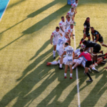 Saracens celebrate a pushover try from a scrum