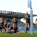 Exeter Chiefs fullback Stuart Hogg scores