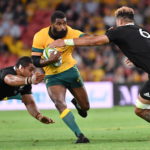 epa08803961 Marika Koroibete (C) of the Wallabies in action during the Tri-Nations rugby union match between the Australian Wallabies and the New Zealand All Blacks, at Suncorp Stadium in Brisbane, Australia, 07 November 2020. EPA/DAVE HUNT EDITORIAL USE ONLY AUSTRALIA AND NEW ZEALAND OUT