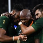 South Africa's hooker Bongi Mbonambi (2R) celebrates with teammates after scoring a try during the Japan 2019 Rugby World Cup Pool B match between South Africa and Italy at the Shizuoka Stadium Ecopa in Shizuoka on October 4, 2019. (Photo by Anne-Christine POUJOULAT / AFP) (Photo by ANNE-CHRISTINE POUJOULAT/AFP via Getty Images)