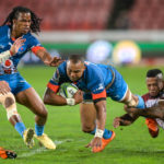 The Bulls' Kurt-Lee Arendse and The Bulls' Cornal Hendricks during the 2020 Super Rugby Unlocked game between the Emirates Lions and Vodacom Bulls at Emirates Airline Park in Johannesburg on 07 November 2020 Photo: Christiaan Kotze/BackpagePix