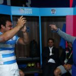 LEICESTER, ENGLAND - OCTOBER 04: In this handout photograph provided by World Rugby via Getty Images, Diego Maradona celebrates with Agustin Creevy (L) as he visits the Argentina dressing room after the 2015 Rugby World Cup Pool C match between Argentina and Tonga at Leicester City Stadium on October 4, 2015 in Leicester, United Kingdom. (Photo by Handout/Richard Heathcote - World Rugby via Getty Images)