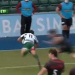 Ealing Trailfinders wing Dean Hammond scores against Saracens