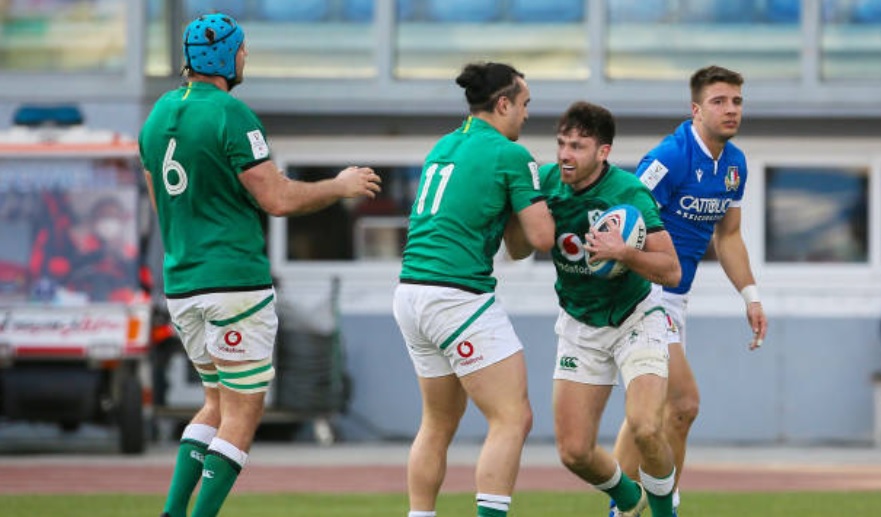 Hugo Keenan celebrates after scoring for Ireland