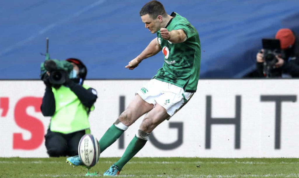 British & Irish Lions and Ireland flyhalf Johnny Sexton kicks at goal