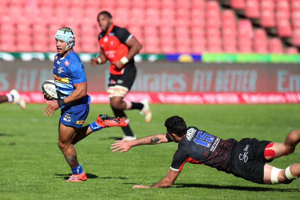 Edwill van deer Merwe of the Stormers challenged by EW Viljoen of the Lions during the 2021 Rainbow Cup SA match between Lions and Stormers at Ellis Park Stadium in Johannesburg on the 15 May 2021 ©Muzi Ntombela/BackpagePix