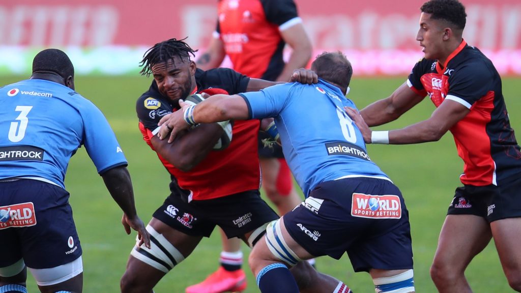 Vincent Tshikaya Tshituka of the Lions challenged by Duane Vermeulen and Trevor Nyakane of the Bulls during the 2021 Rainbow Cup SA match between Lions and Bulls at Ellis Park Stadium in Johannesburg on the 22 May 2021 ©Muzi Ntombela/BackpagePix