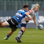 Sale Sharks' Faf De Klerk (right) tackled by Bath Rugby's Cameron Redpath during the Gallagher Premiership match at the Recreation Ground, Bath. Picture date: Friday May 14, 2021. (Photo by David Davies/PA Images via Getty Images)