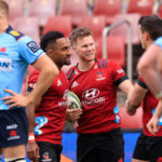 WOLLONGONG, AUSTRALIA - MAY 29: Mitchell Drummond of the Crusaders celebrates a try during the round three Super Rugby Trans-Tasman match between the NSW Waratahs and the Crusaders at WIN Stadium on May 29, 2021 in Wollongong, Australia. (Photo by Mark Evans/Getty Images)