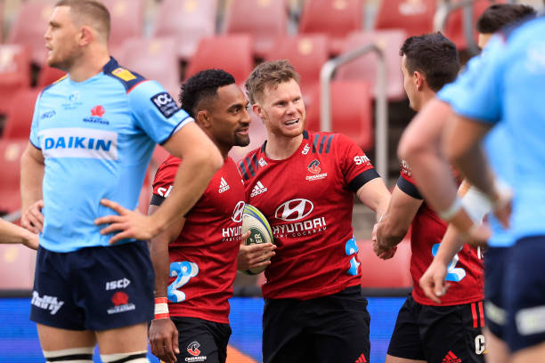 WOLLONGONG, AUSTRALIA - MAY 29: Mitchell Drummond of the Crusaders celebrates a try during the round three Super Rugby Trans-Tasman match between the NSW Waratahs and the Crusaders at WIN Stadium on May 29, 2021 in Wollongong, Australia. (Photo by Mark Evans/Getty Images)