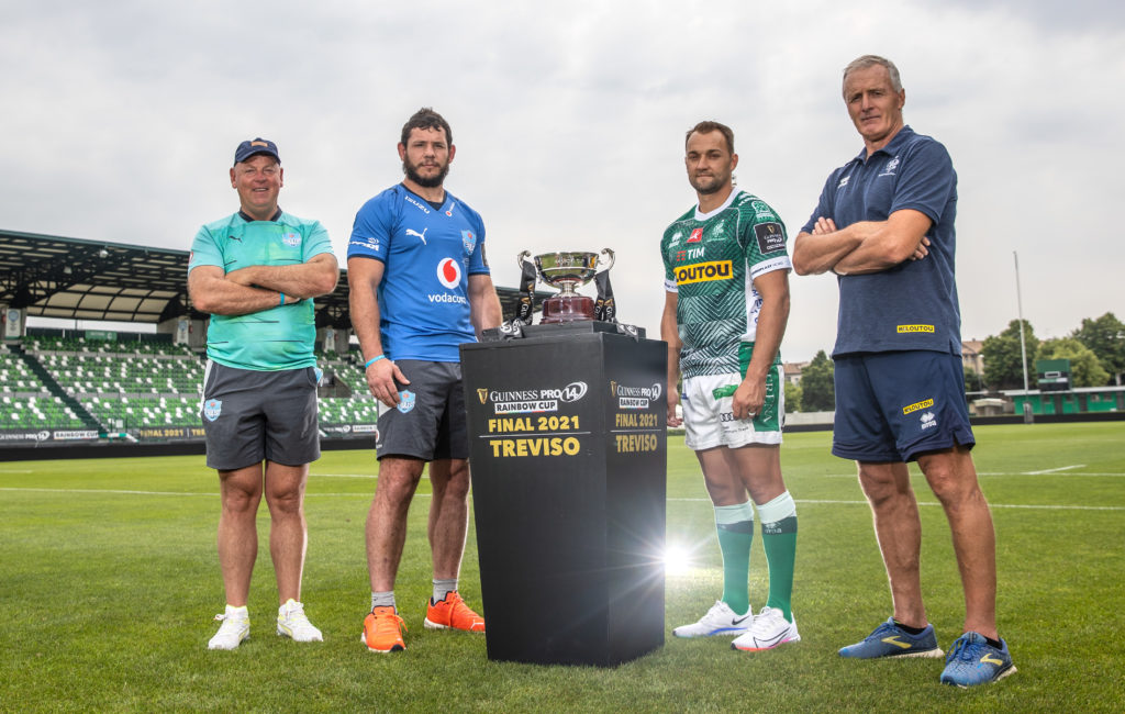 Guinness PRO14 Rainbow Cup Final Photocall, Stadio di Monigo, Treviso, Italy 18/6/2021 Vodacom Blue Bulls head coach Jake White, captain Marcell Coetzee and Benetton Rugby captain Dewaldt Duvenage and head coach Kieran Crowley Mandatory Credit
