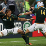 Juan de Jongh celebrates after scoring a try for the Springboks