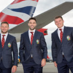 New Lions Captain Conor Murray (centre) with Dan Biggar (left) and Owen Farrell (right) as the British and Irish Lions depart for South Africa from Edinburgh Airport. Picture date: Sunday 27th June, 2021. (Photo by Robert Perry/PA Images via Getty Images)