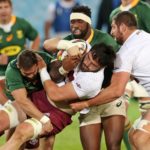 Beka Saginadze of Georgia is tackled by Cobus Reinach and Siya Kolisi of South Africa during the 2021 International Test Match Rugby Series between South Africa and Georgia at Loftus Stadium, Pretoria on 02 July 2021 ©Gavin Barker/BackpagePix
