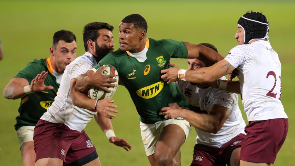 Damian Willemse of South Africa challenged by Giorgi Kveseladze (l) and Merab Sharikadze of Georgia during the 2021 International Test Match Rugby Series between South Africa and Georgia at Loftus Stadium, Pretoria on 02 July 2021 ©Muzi Ntombela/BackpagePix