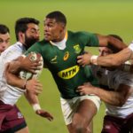 Damian Willemse of South Africa challenged by Giorgi Kveseladze (l) and Merab Sharikadze of Georgia during the 2021 International Test Match Rugby Series between South Africa and Georgia at Loftus Stadium, Pretoria on 02 July 2021 ©Muzi Ntombela/BackpagePix