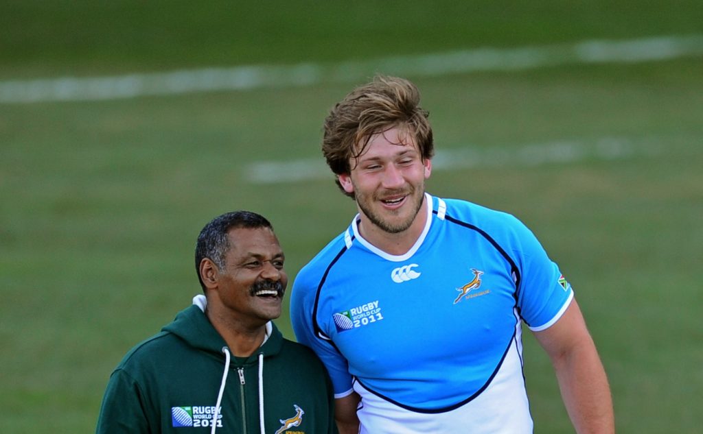 WELLINGTON, NEW ZEALAND - SEPTEMBER 05: Springbok head coach Peter de Villiers (L) speaks with Francois Steyn during a South Africa IRB Rugby World Cup 2011 training session at Rugby League Park on September 5, 2011 in Wellington, New Zealand.