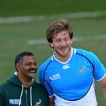 WELLINGTON, NEW ZEALAND - SEPTEMBER 05: Springbok head coach Peter de Villiers (L) speaks with Francois Steyn during a South Africa IRB Rugby World Cup 2011 training session at Rugby League Park on September 5, 2011 in Wellington, New Zealand.