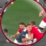 Owen Farrell makes a tackle on Jasper Wiese