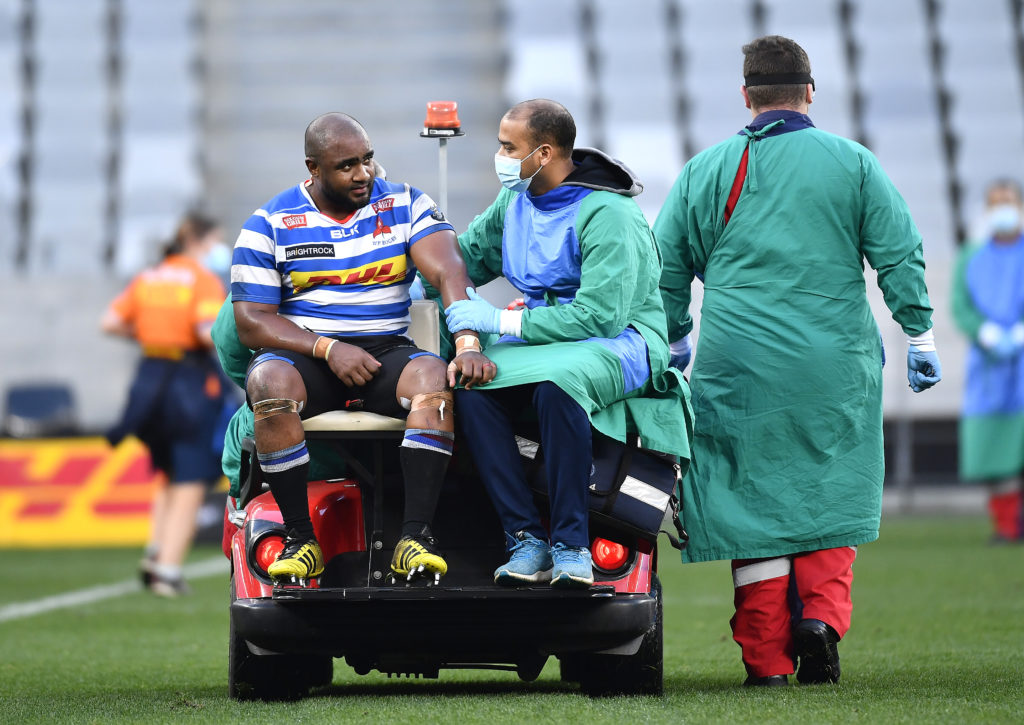 CAPE TOWN, SOUTH AFRICA - JULY 07: Ali Vermaak of WP injured during the Carling Currie Cup match between DHL Western Province and Tafel Lager Griquas at Cape Town Stadium on July 07, 2021 in Cape Town, South Africa.