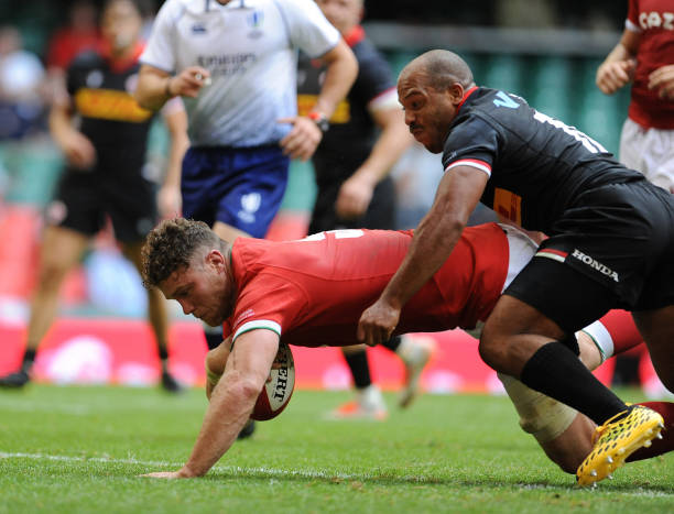 CARDIFF, WALES - JULY 03: Wales's Will Rowlands scores his side's sixth try during the Rugby Summer International between Wales and Canada at Principality Stadium on July 3, 2021 in Cardiff, Wales.