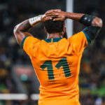 Wallabies wing MELBOURNE, AUSTRALIA - JULY 13 2021: Marika Koroibete of the Wallabies reacts to a conceded try in the international Test match between the Australian Wallabies and France at AAMI Park on July 13, 2021 in Melbourne, Australia (Photo credit should read