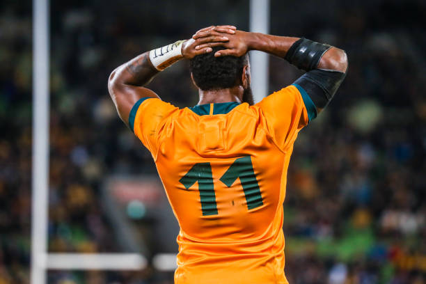 Wallabies wing MELBOURNE, AUSTRALIA - JULY 13 2021: Marika Koroibete of the Wallabies reacts to a conceded try in the international Test match between the Australian Wallabies and France at AAMI Park on July 13, 2021 in Melbourne, Australia (Photo credit should read